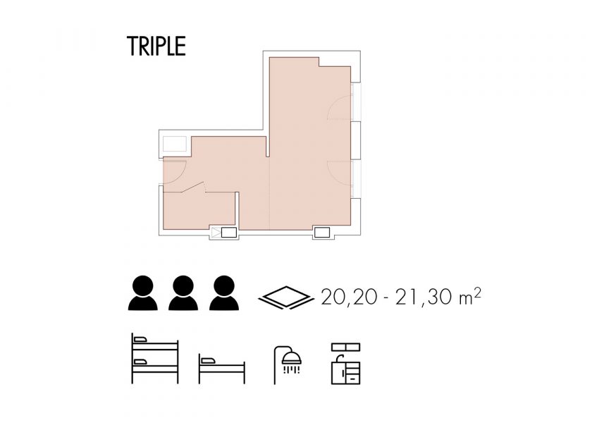 Distribución habitación triple. Bravo Residencia de estudiantes Granada